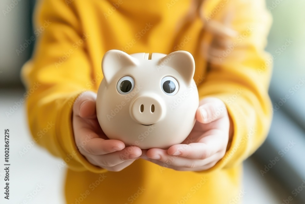 Child holding a piggy bank, indoor setting