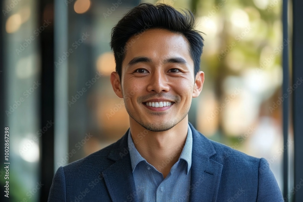 Happy asian businessman looking at camera and smiling, male freelancer outside office, Generative AI Happy asian businessman looking at camera and smiling, male freelancer outside office, Generative AI