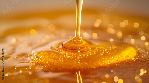 A stunning close-up of golden honey being poured, showcasing its smooth texture and glistening shine. The light reflects beautifully off the honey’s surface, creating a warm and inviting glow.