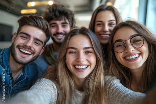 Fun, united colleagues taking a selfie with a phone looking excited, happy or motivated and ready to take startup business to the top. Smiling, happy and cheerful office group or team, Generative AI