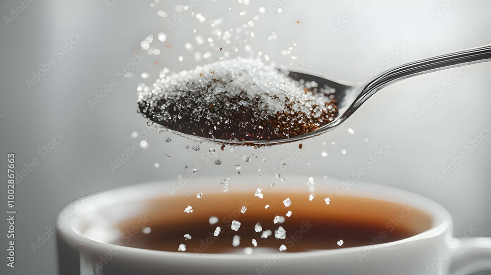 Spoon of Sugar Falling into Hot Coffee Cup - A close-up of a spoonful of sugar falling into a steaming cup of coffee, with individual sugar crystals mid-air. Spoon of Sugar Falling into Hot Coffee Cup - A close-up of a spoonful of sugar falling into a steaming cup of coffee, with individual sugar crystals mid-air.