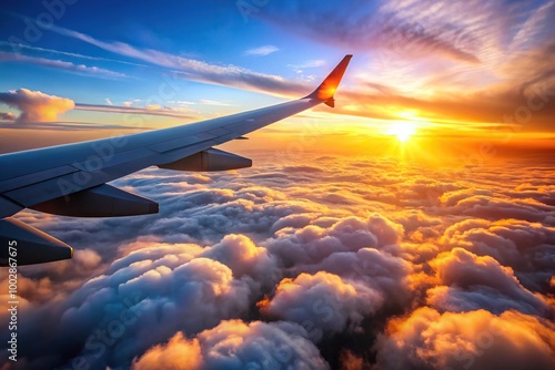 A majestic silhouette of an airplane's wing soaring over colorful sunset clouds