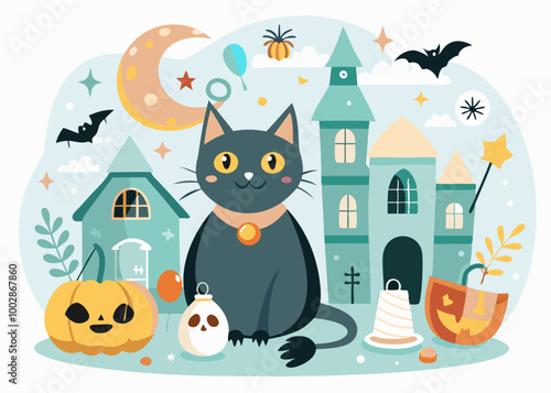 Halloween illustrations and design elements with black cat
