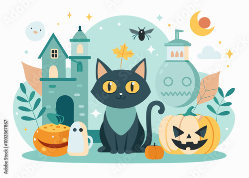Halloween illustrations and design elements with black cat