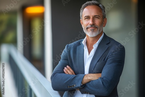 Confidence allows you to venture further than ever. Portrait of a confident mature businessman standing with his arms crossed on a balcony outside an, Generative AI photo