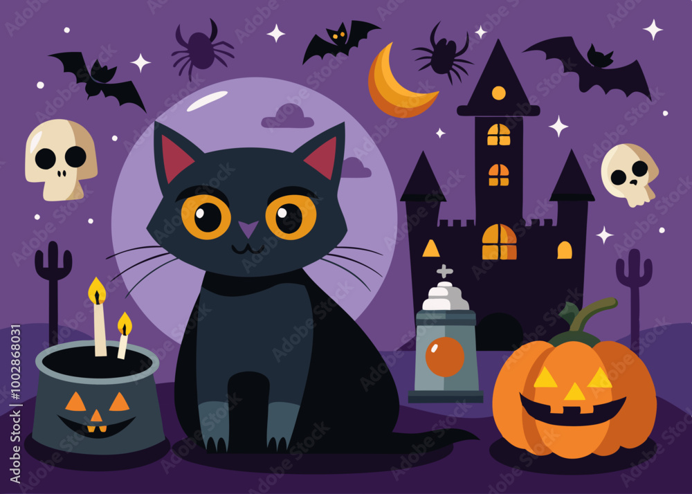 Halloween illustrations and design elements with black cat Halloween illustrations and design elements with black cat