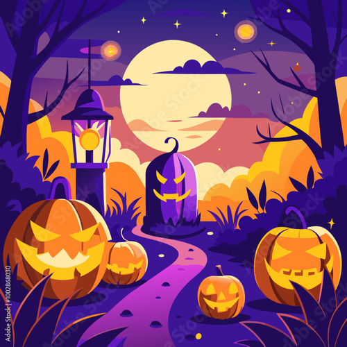 Spooky pumpkin patch with carved lanterns with eerie eyes and moonlight. Scalable vector SVG illustration