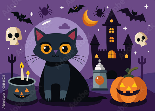 Halloween illustrations and design elements with black cat