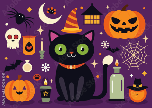 Halloween illustrations and design elements with black cat
