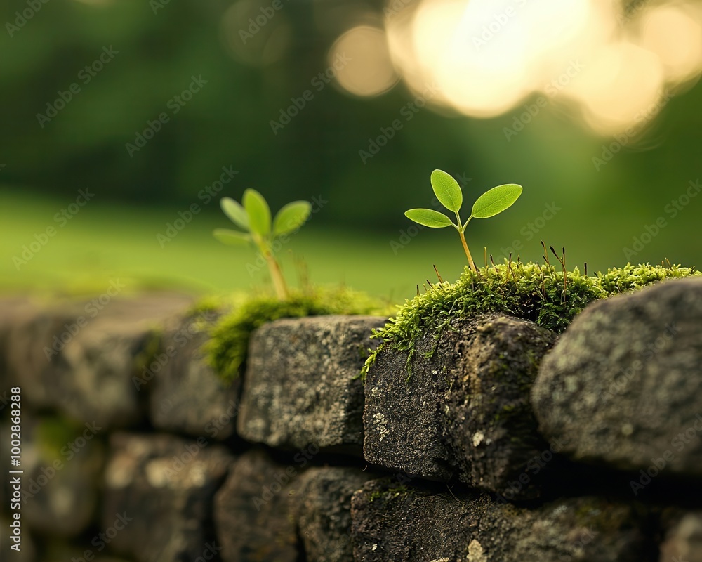 Moss and small plants growing between the cracks of an old stone wall, moss and stone, nature resilience concept Moss and small plants growing between the cracks of an old stone wall, moss and stone, nature resilience concept