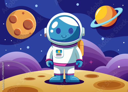 Cartoon astronaut on the moon on a space background