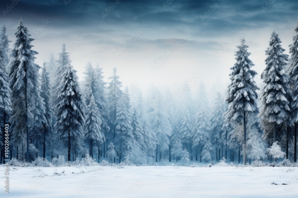 Snow-covered pine forests in winter with a serene atmosphere and muffled sounds of nature Snow-covered pine forests in winter with a serene atmosphere and muffled sounds of nature
