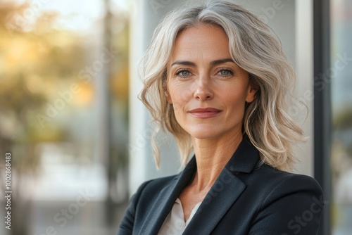 Free Download Mature middle aged therapist psychologist type professional female in a business suit standing outside office, Generative AI - GFXLoad