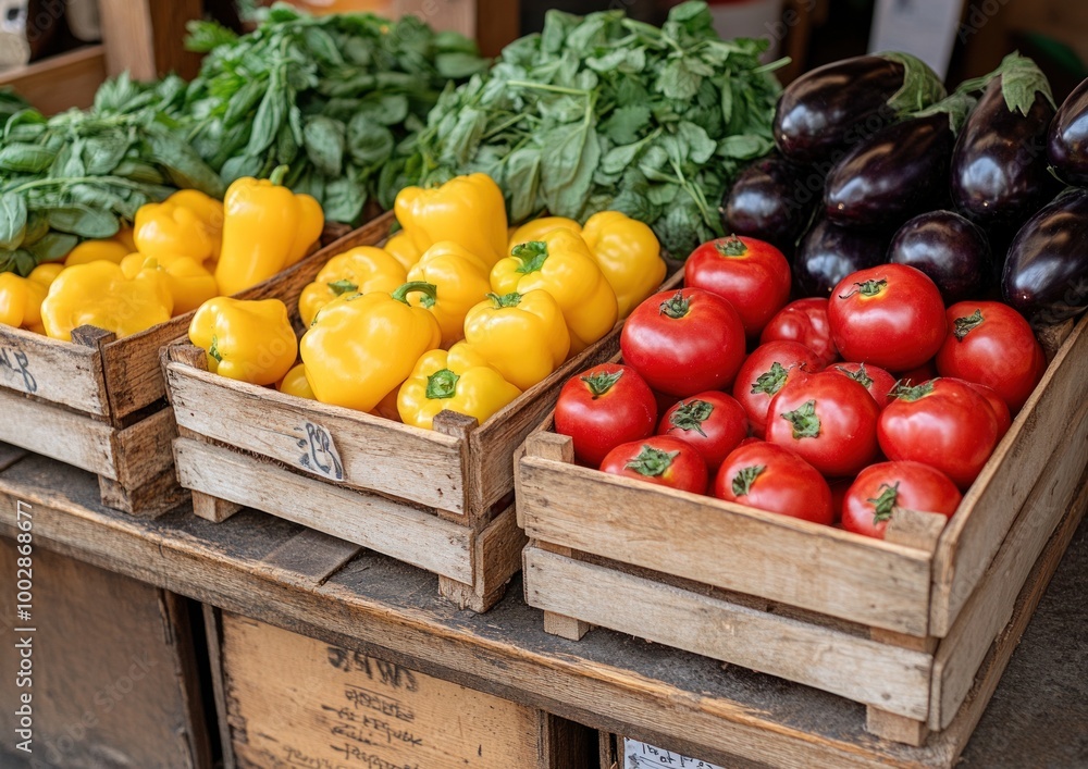 Fresh vegetables are displayed in crates at a lively wholesale market Fresh vegetables are displayed in crates at a lively wholesale market