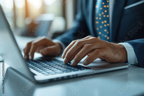 Businessman typing on a laptop keyboard at a white office desk, close-up of hands with a tie and suit, working in a modern technology lifestyle concept.