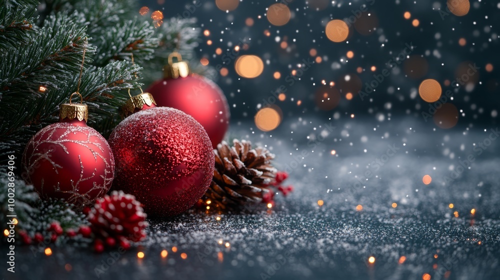 Christmas and New Year holidays background. Christmas tree with red and golden baubles and lights bokeh background. Space for text. Copy space. Greeting card. Christmas and New Year holidays background. Christmas tree with red and golden baubles and lights bokeh background. Space for text. Copy space. Greeting card.