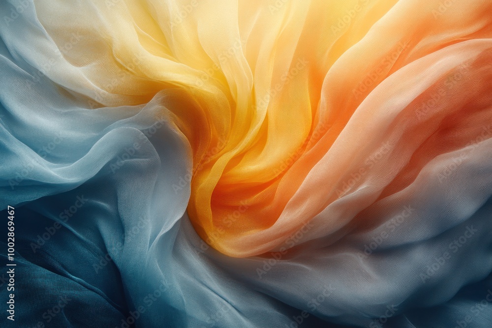 Fototapeta premium Soft fabric blends shades of blue, yellow, and orange in a dynamic swirling pattern