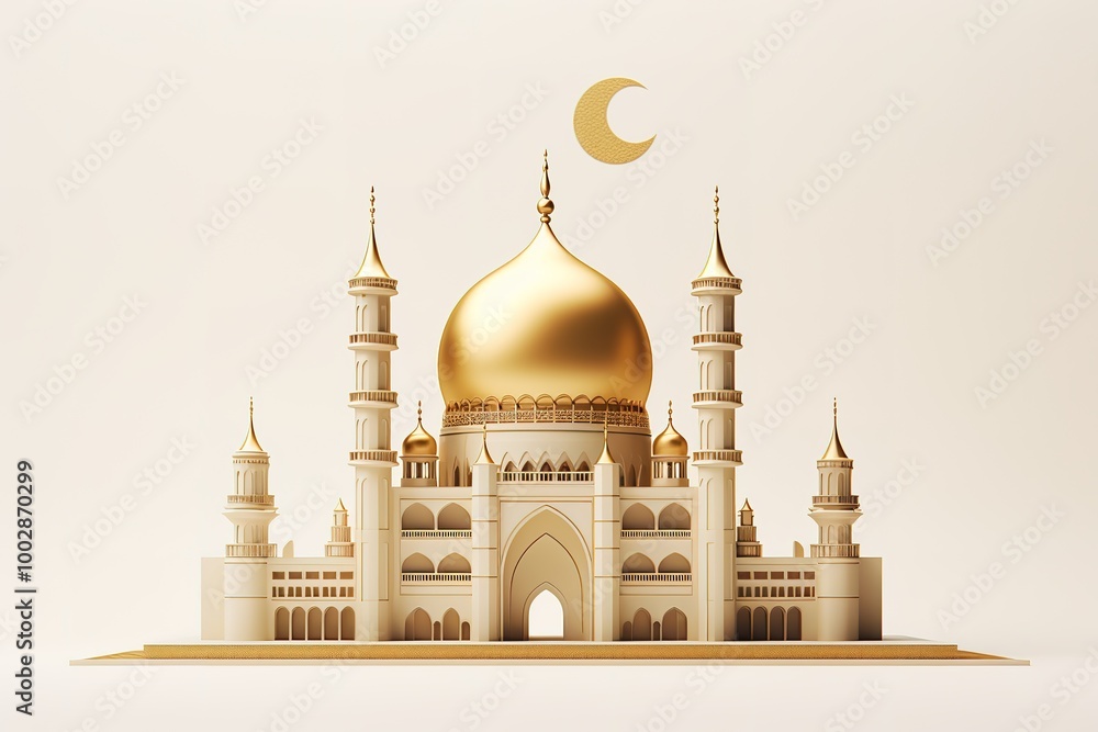 Obraz premium Mosque illustration isolated on white background.3D rendering white and gold mosque.