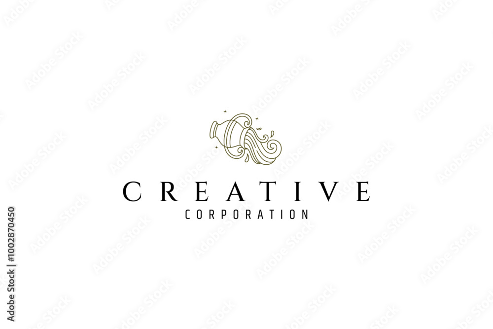 Minimalist line art logo of a vessel or jug with flowing water Minimalist line art logo of a vessel or jug with flowing water