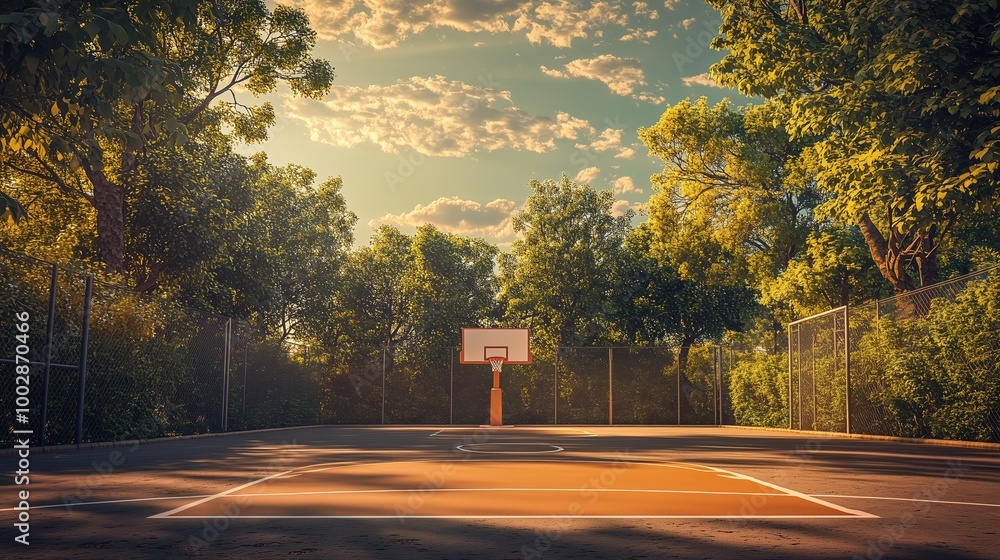 A serene basketball court surrounded by lush trees during golden hour on a warm evening A serene basketball court surrounded by lush trees during golden hour on a warm evening
