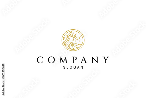 Goddess woman logo with crescent moon decorated with stars in gold line art design style