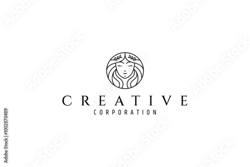 Goddess woman logo with circle shape in line art design style