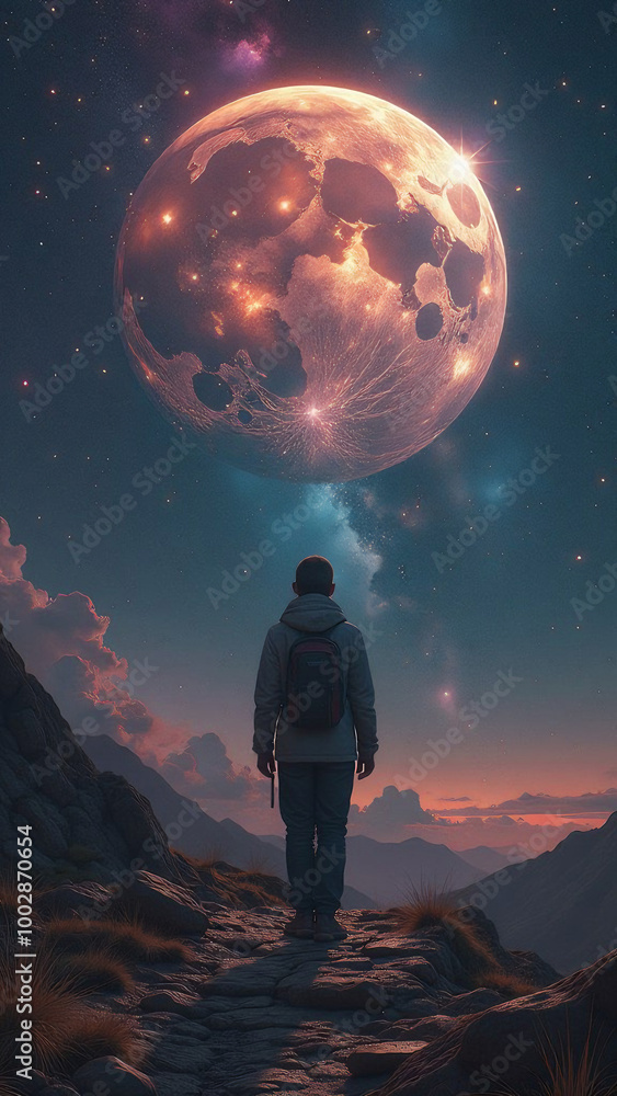 Person standing under a full moon in a mystical, starry landscape Person standing under a full moon in a mystical, starry landscape