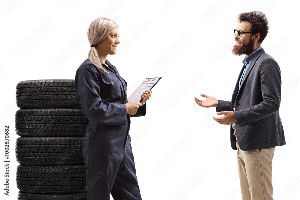 Female auto mechanic talking to a male customer Female auto mechanic talking to a male customer