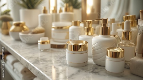 Elegant skincare bottles and jars on a marble countertop, featuring gold accents in a luxurious setting.