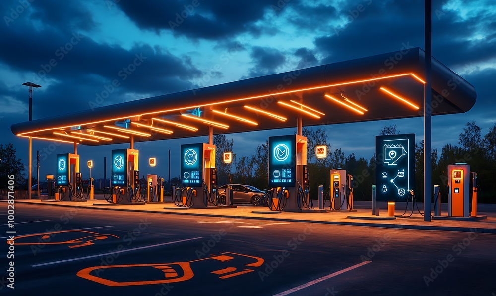 Obraz premium Modern Electric Vehicle Charging Station at Night