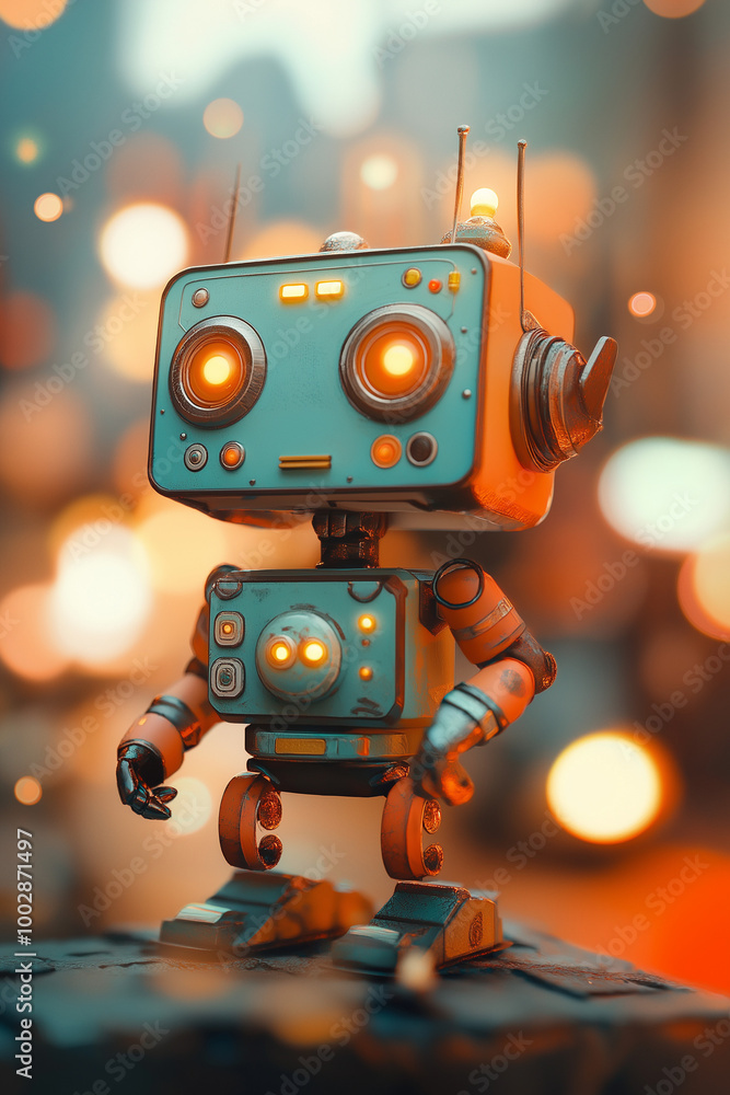 A friendly, blue and orange robot stands on a platform with a glowing light background. A friendly, blue and orange robot stands on a platform with a glowing light background.