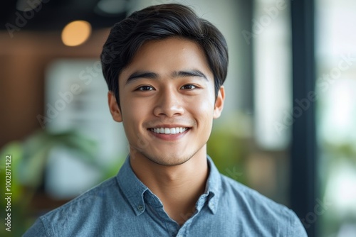 Young Asian businessman standing in an office smiling confidently, Generative AI