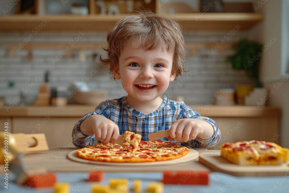 Boy playing with wooden toys in living room, serving and cutting pizza, Generative AI Boy playing with wooden toys in living room, serving and cutting pizza, Generative AI