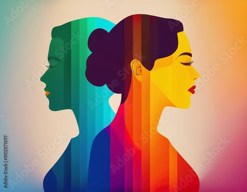 Woman silhouette in a rainbow background, mental health, anxiety and self esteem at work concep photo