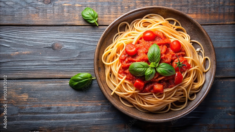 A plate of Italian style aerial spaghetti with tomato sauce and basil A plate of Italian style aerial spaghetti with tomato sauce and basil