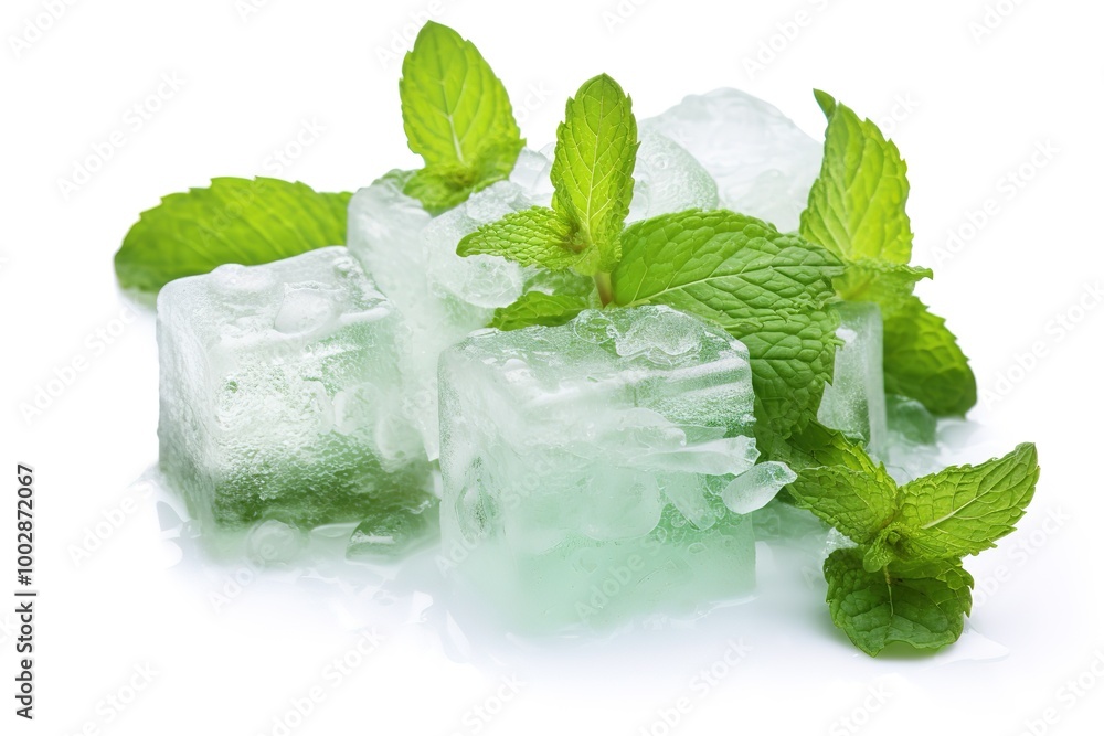 Green mint and ice cubes isolated on white
Green mint and ice cubes isolated on white
