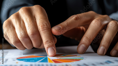 Fototapeta kuchenna Hands analyzing data on a colorful pie chart on a table.