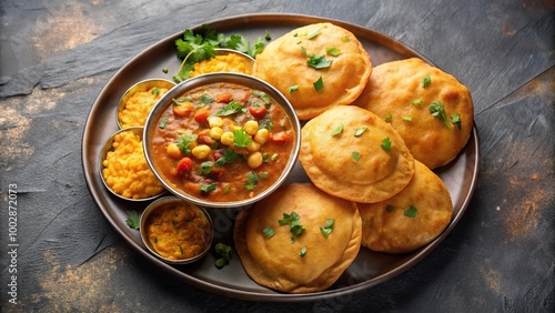 A plate of piping hot puri bhaji with fluffy puris served alongside a fragrant aerial view