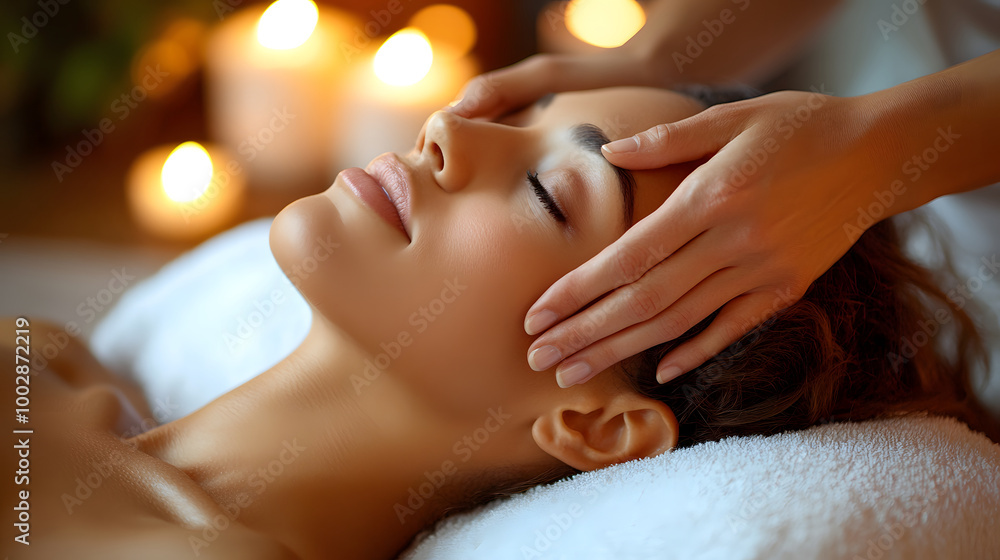 custom made wallpaper toronto digitalA woman receives a calming facial massage while lying on a soft surface in a tranquil spa, surrounded by glowing candles that enhance the peaceful ambiance. Mind-Body Wellness Day concept