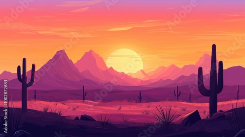 Desert sunset landscape with mountains and cacti