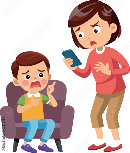 Mother ignoring crying son while using smartphone