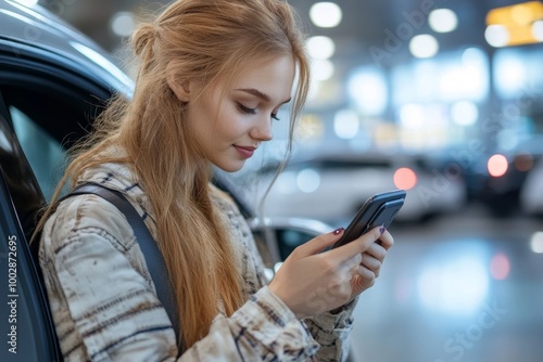 Business woman getting into the car and using smartphone, Generative AI