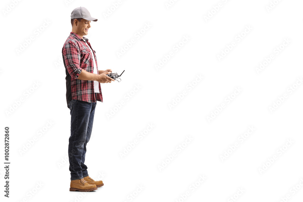 Full length shot of a guy holding a drone remote controller Full length shot of a guy holding a drone remote controller