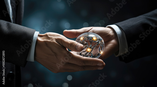 generated illustration of handing over transparent globe with digital connections and nodes superimposed over it.