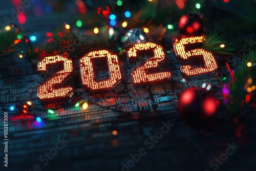 2025 Holographic Code on Circuit Board with Christmas Lights