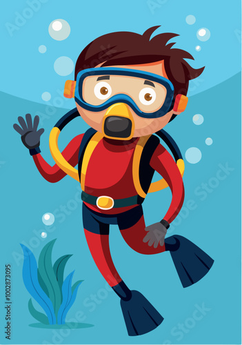 Young boy exploring underwater wearing scuba gear waving