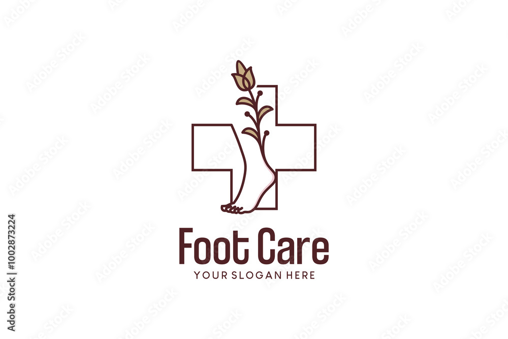 Woman's foot logo with natural plants with cross symbol, pedicure or beauty foot care logo Woman's foot logo with natural plants with cross symbol, pedicure or beauty foot care logo
