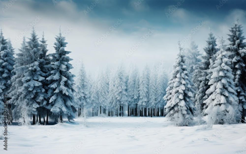 Fototapeta premium Winter wonderland of pine forests blanketed in fresh snow in a tranquil natural setting