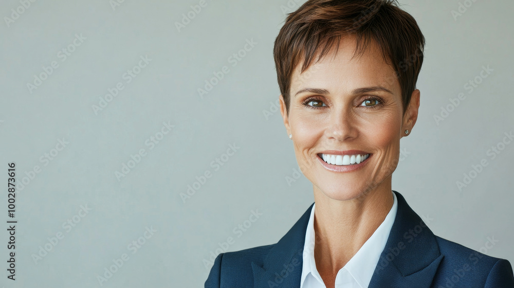 Professional woman in a blue suit smiling confidently against a solid background