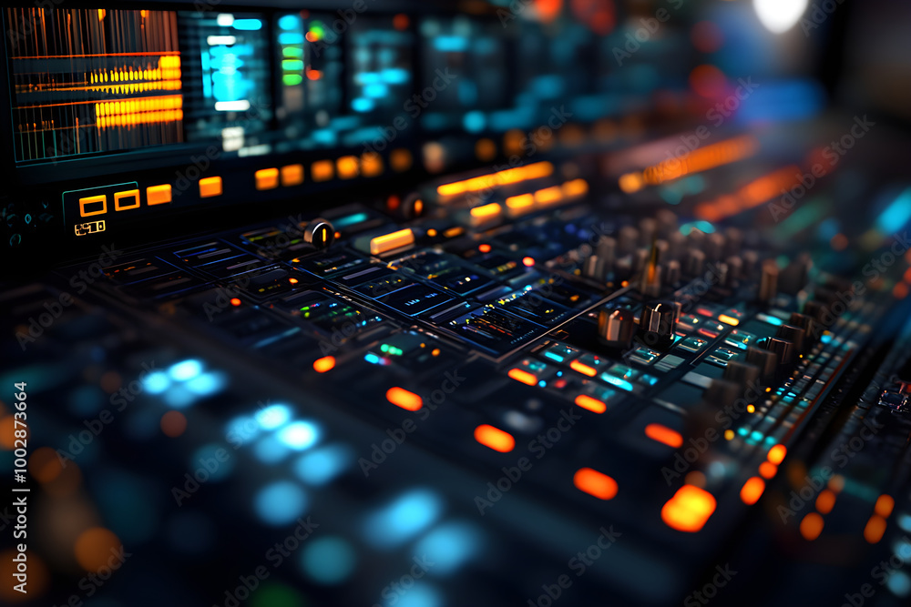 High tech audio mixing console with vibrant lights and controls High tech audio mixing console with vibrant lights and controls